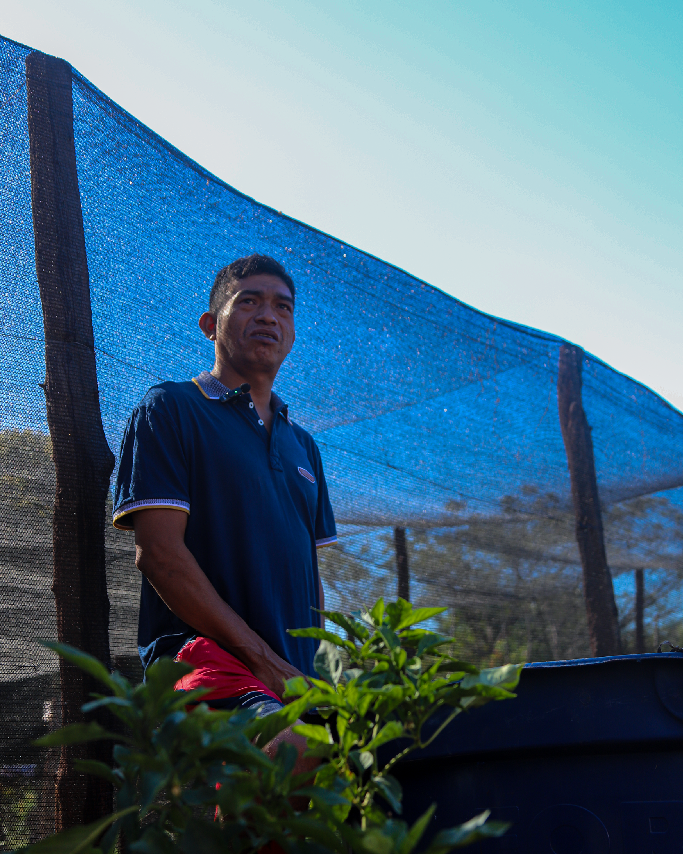 Pessoa de pele escura, cabelos escuros e curtos, em pé ao ar livre, diante de uma estrutura azul de tela. Veste camisa polo azul-marinho com detalhes amarelos e brancos na gola e nas mangas. Há plantas verdes em primeiro plano.