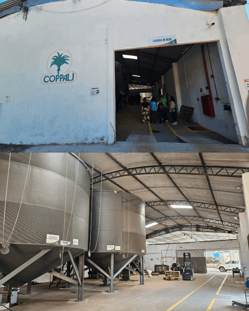 Duas fotografias unidas na mesma página. Na metade de cima: A imagem mostra a entrada de uma fábrica de óleo chamada COPPALJ. A fachada do prédio é branca, com o logotipo da cooperativa — uma palmeira verde — e o nome “COPPALJ” escrito em letras azuis. Acima da porta principal, há uma placa com os dizeres “FÁBRICA DE ÓLEO”. Algumas pessoas estão entrando no local, e uma linha amarela pintada no chão parece orientar o caminho dos visitantes. Na metade de baixo: Interior de galpão industrial com tanques metálicos cilíndricos apoiados por estruturas de ferro. Há equipamentos, pallets e um empilhadeira no ambiente. Ao fundo, vê-se um caminhão branco estacionado do lado de fora. A cena retrata uma unidade de produção ou armazenamento, associada ao beneficiamento de produtos do Cerrado.